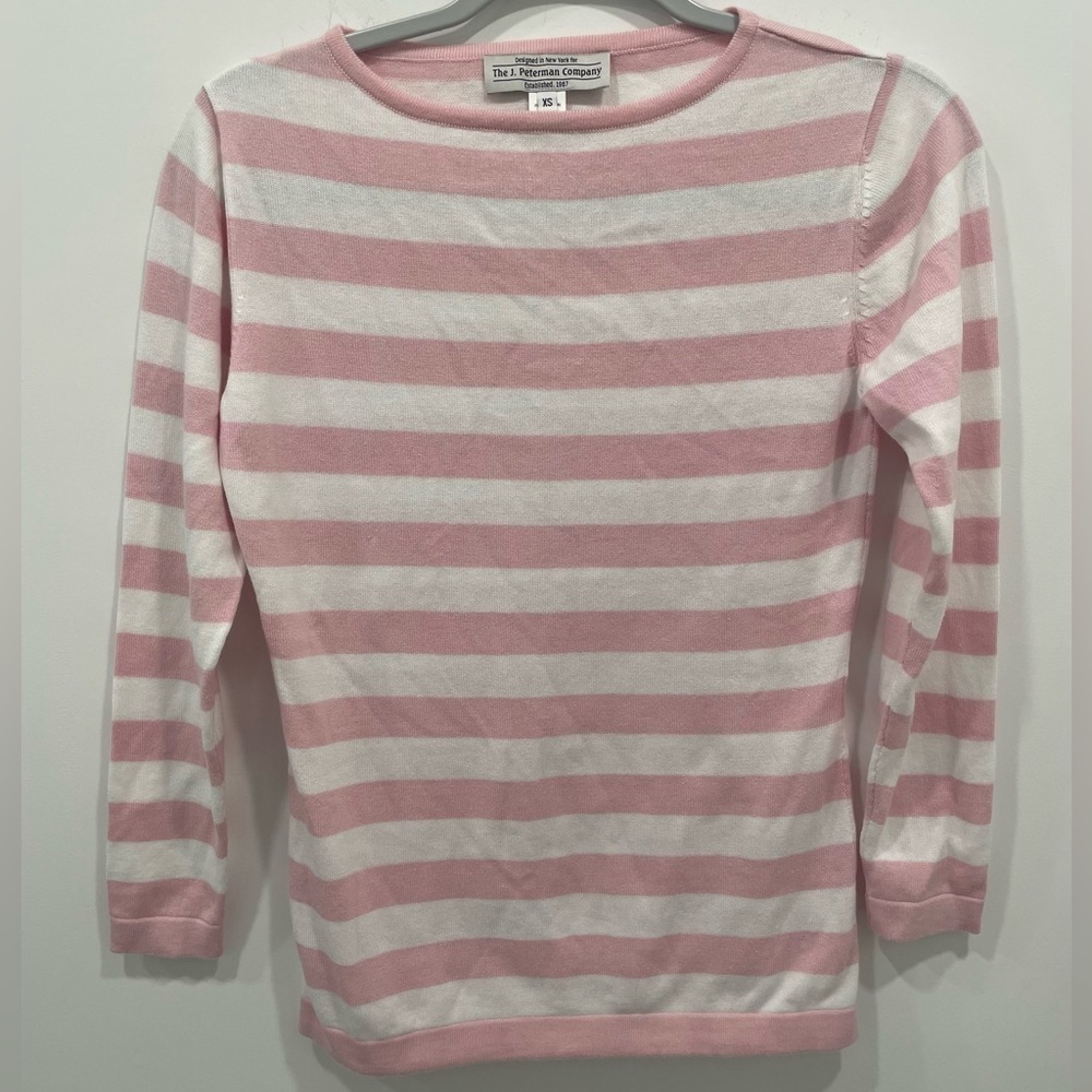 J. Peterson Company Sweater Size XS Pink White Boatneck Pima Cotton 3/4 Sleeve - Picture 1 of 6
